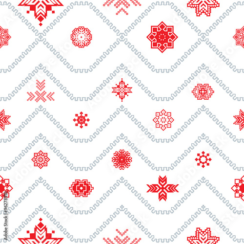 Seamless zigzag and red solar symbols. Ethnic pattern.