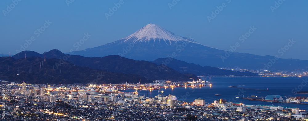 Mountain Fuji and cityscape at Shizuoka prefecture in twilight