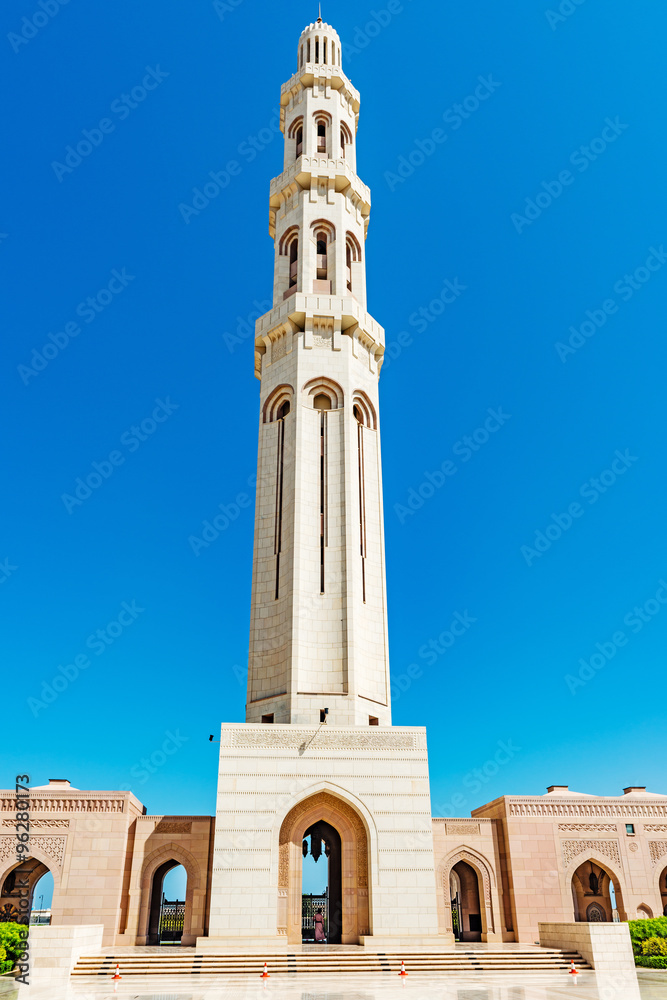 Minaret of Sultan Qaboos Grand Mosque in Muscat, Oman. Its construction finished in 2001.