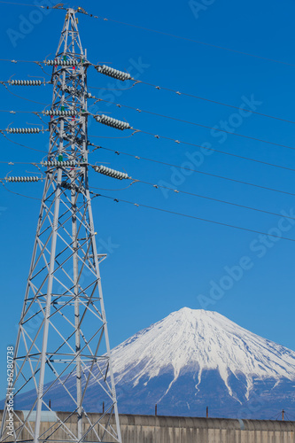 Mountain Fuji with electricity high voltage pole at Shizuoka industry zone