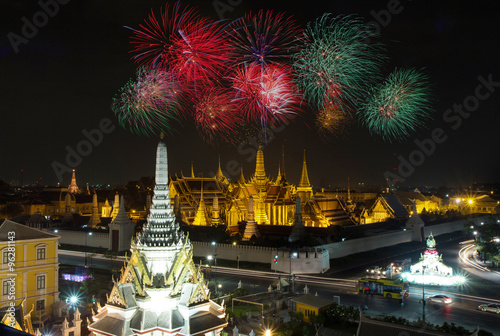 The beauty of the Emerald Buddha Temple with fireworks.