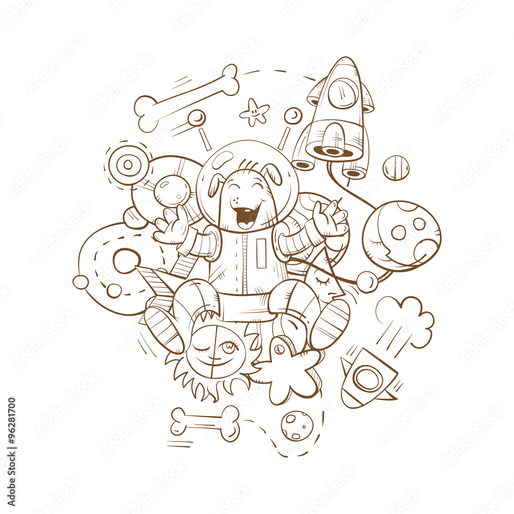 Children's card with cartoon dog astronaut, rockets, stars and planets. Vector image.