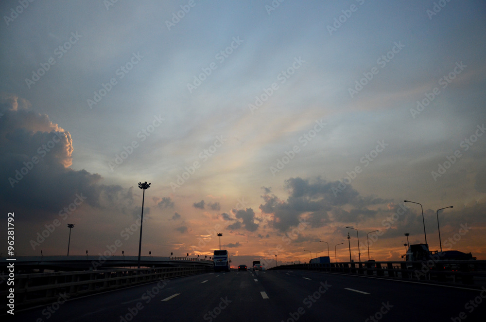 Traffic road in twilight time at main road near Suvarnabhumi Int