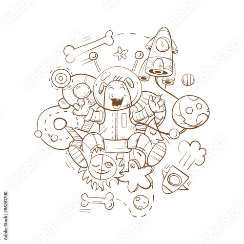 Children's card with cartoon dog astronaut, rockets, stars and planets. Vector image.