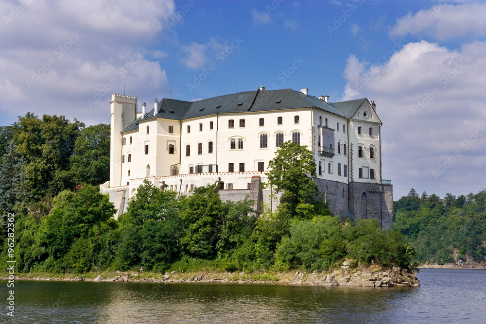 monumental medieval gothic Orlik nad Vltavou castle and dam on Moldau river, South Bohemia, Czech republic