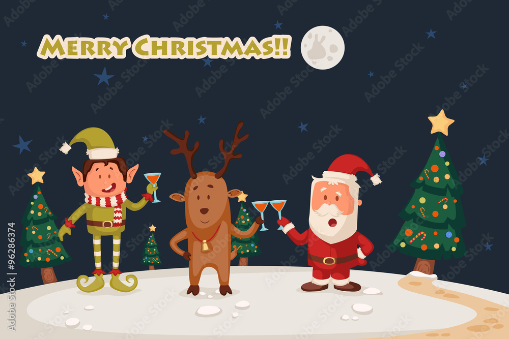 Fototapeta premium Santa, Elf and Reindeer celebrating Merry Christmas