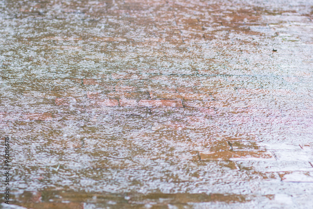 Rain drops on the red brick block floor. Rain drops on the red brick block floor.