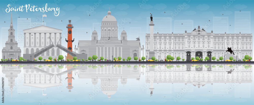 Saint Petersburg skyline with grey landmarks, blue sky. Some elements have transparency mode different from normal