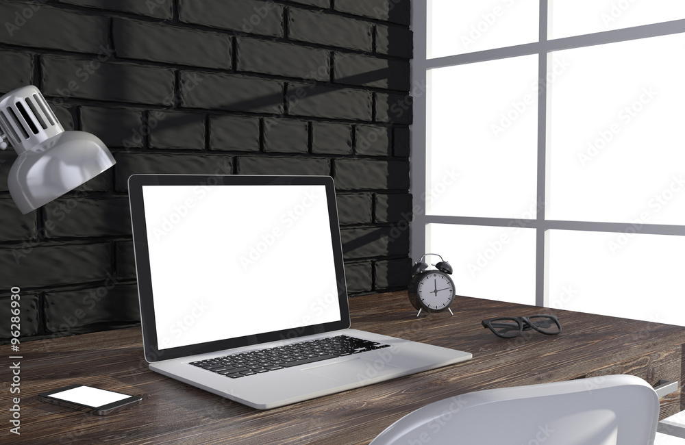 3D illustration laptop and work stuff on table near brick wall, Workspace 3D illustration laptop and work stuff on table near brick wall, Workspace