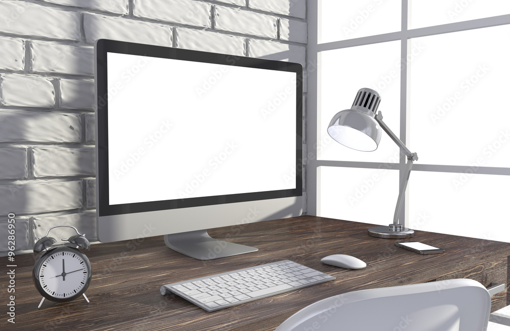 Fototapeta premium 3D illustration PC screen on table in office, Workspace