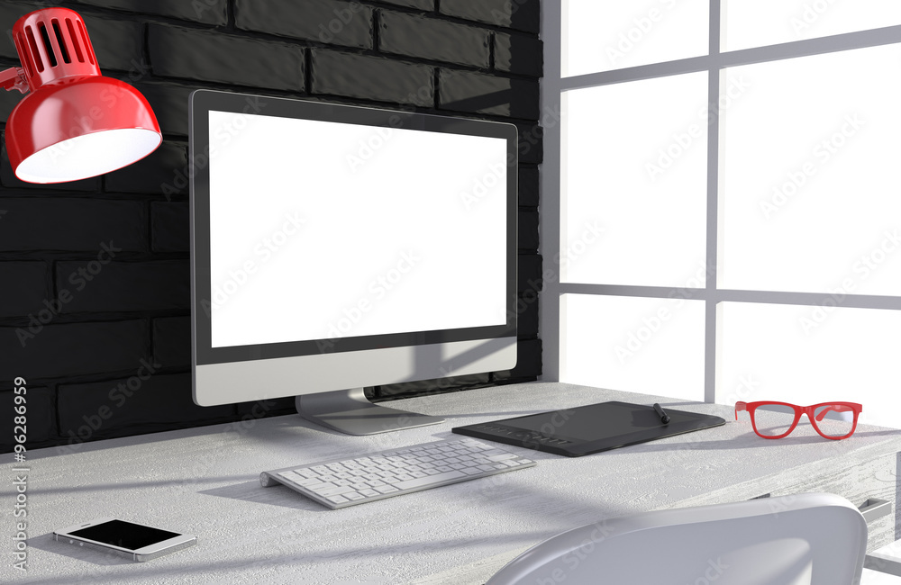 Fototapeta premium 3D illustration PC screen on table in office, Workspace