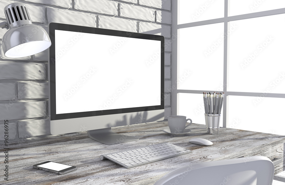 Fototapeta premium 3D illustration PC screen on table in office, Workspace