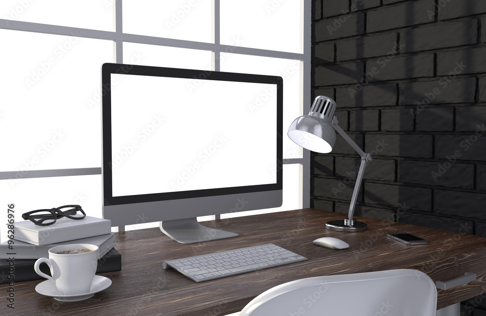 Fototapeta premium 3D illustration PC screen on table in office, Workspace