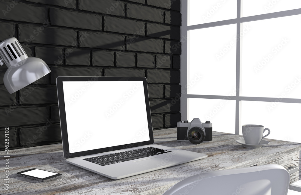 Fototapeta premium 3D illustration laptop and work stuff on table near brick wall, Workspace