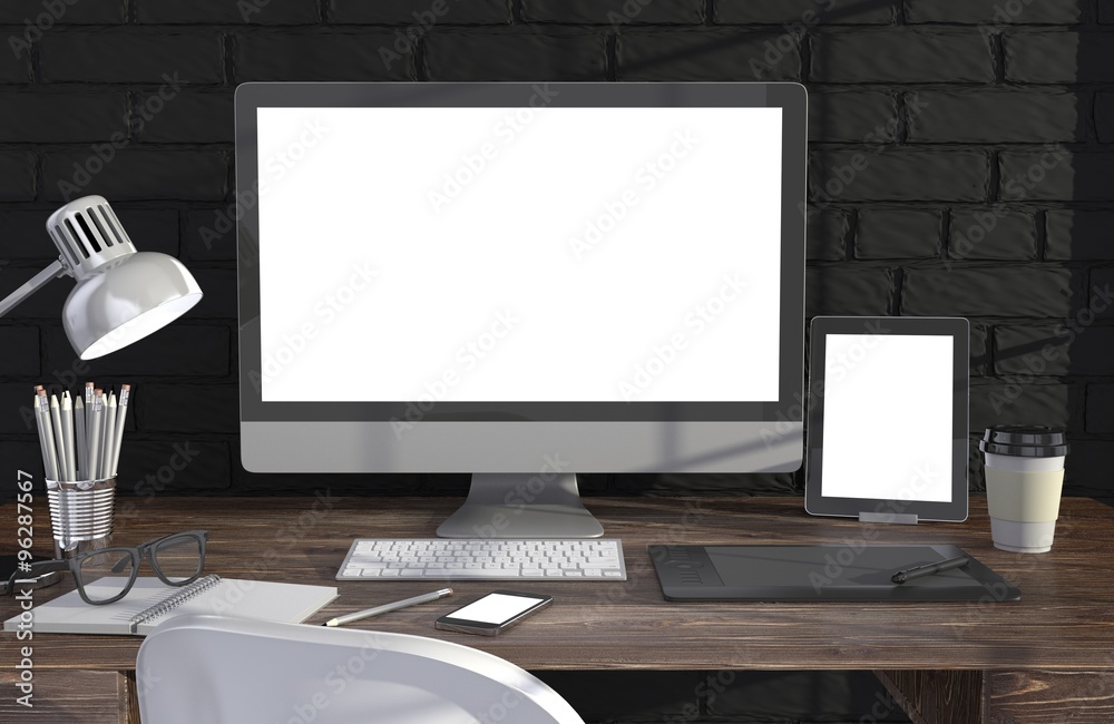 Fototapeta premium 3D illustration PC screen on table in office, Workspace