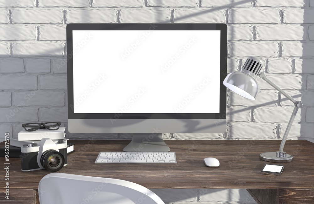 Fototapeta premium 3D illustration PC screen on table in office, Workspace