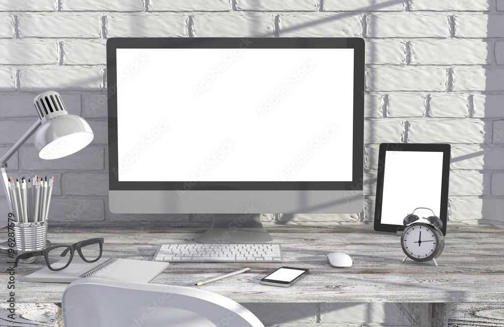Fototapeta premium 3D illustration PC screen on table in office, Workspace