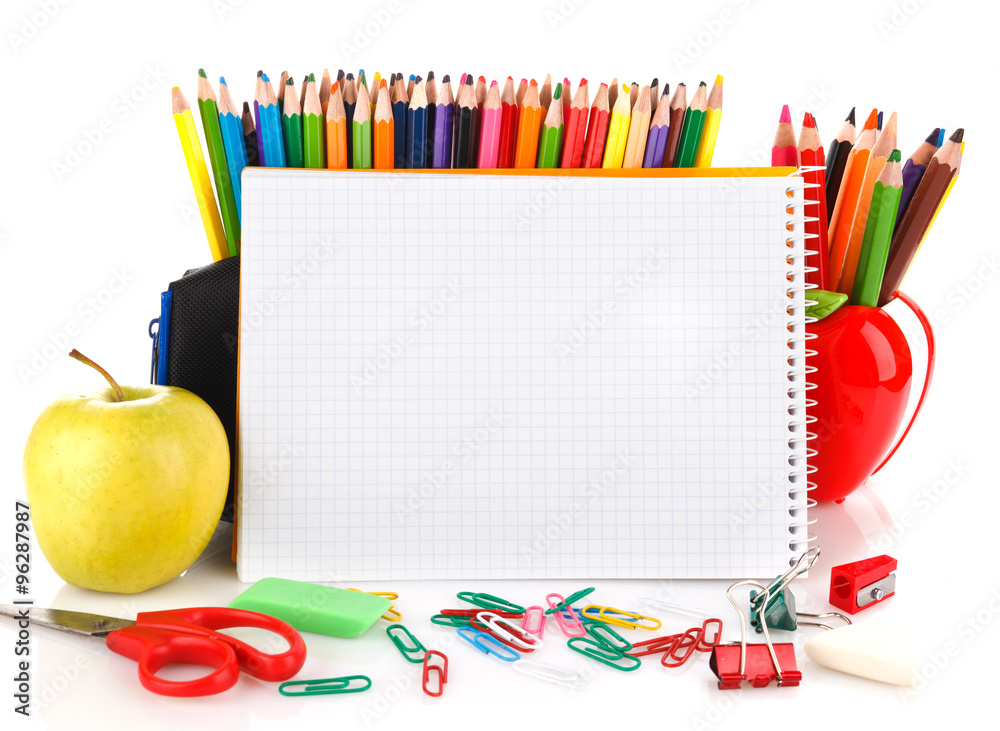 Naklejka premium Notebook with school stationary objects