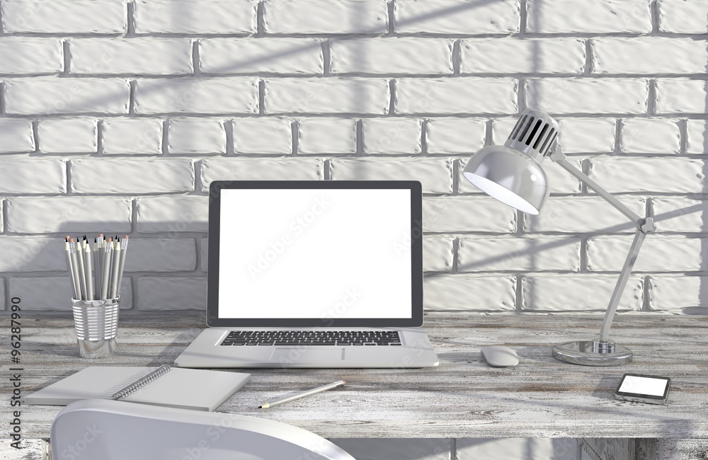 3D illustration laptop and work stuff on table near brick wall, Workspace 3D illustration laptop and work stuff on table near brick wall, Workspace