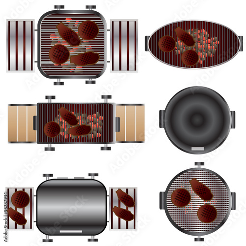 Outdoor furniture , Charcoal Barbecue grill top view set 11 for landscape design , vector illustration