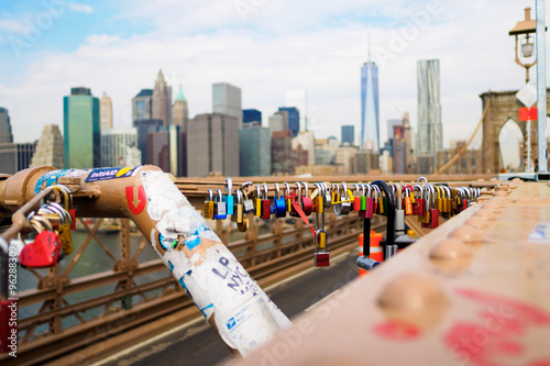 A closeup to Love Lock at Brooklyn Bridge, New York