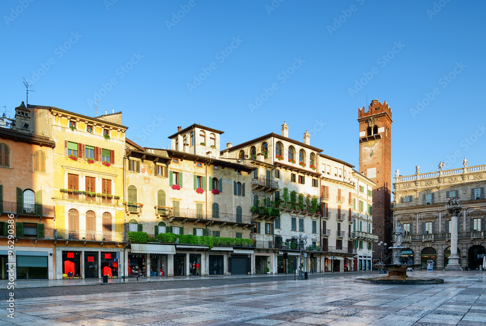 View of Piazza delle Erbe in Verona (Italy) in early morning