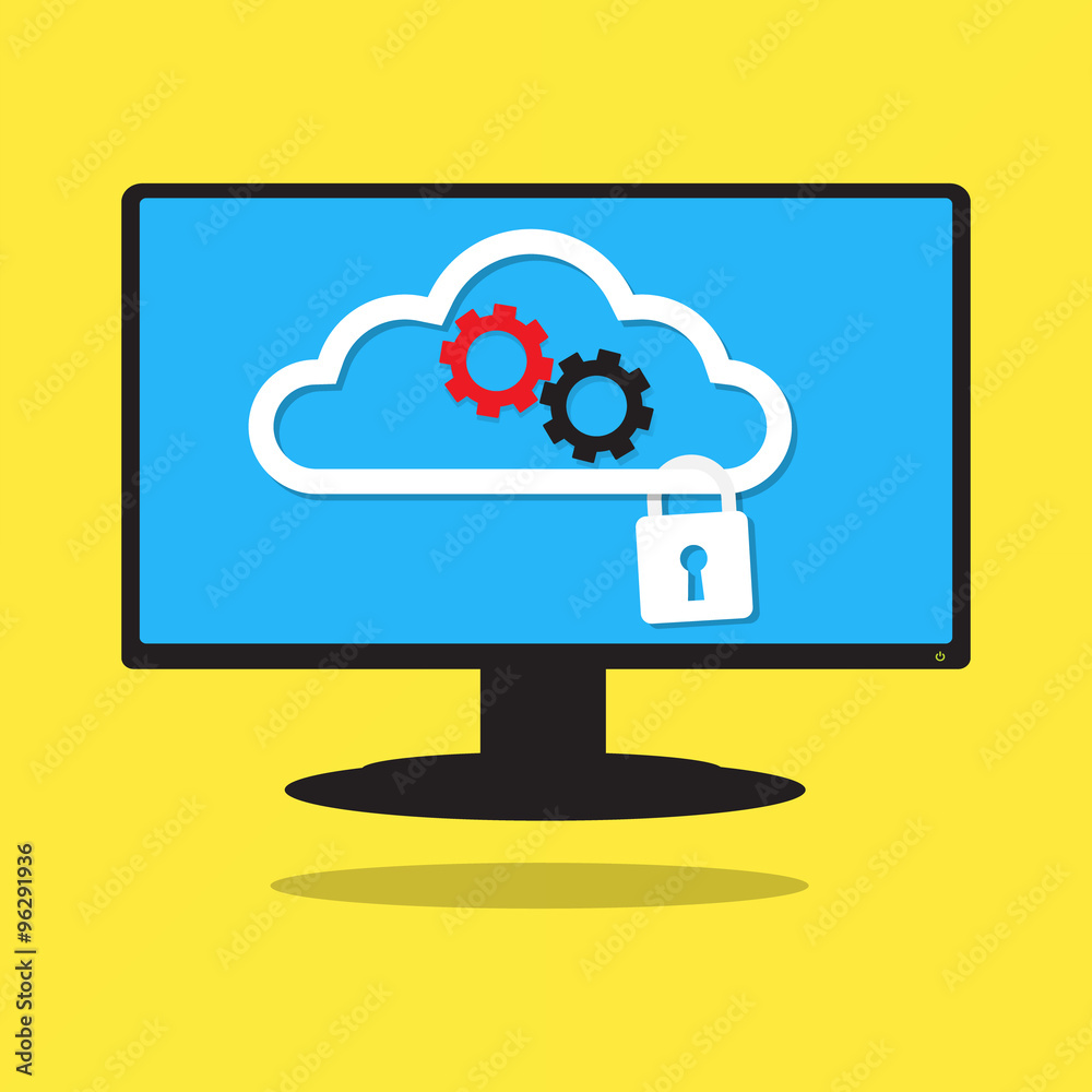 Computer work together on cloud with gear and security key on cl Computer work together on cloud with gear and security key on cl