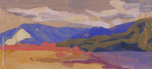 Landscape clouds over the mountains. Painting