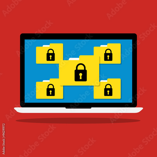 Computer laptop display icon folder with key lock of ransomware