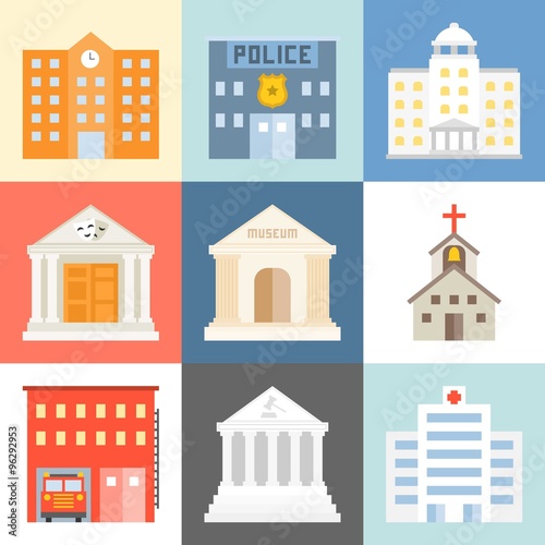 Vector public building icons set, flat design