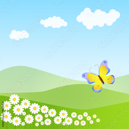Typical spring landscape with flowers and butterfly
