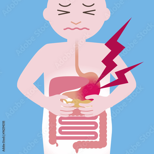 stomach ache and human digestive organs, simplified illustration