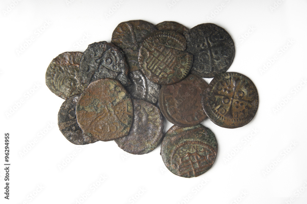 Lot of coins, money seventeenth century Barcelona, Spain