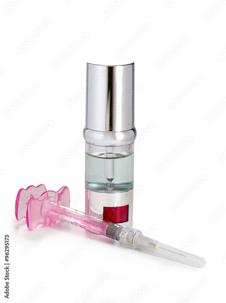 silvery ampoules, small bottles, medical or cosmetic appointment and syringe.. silvery ampoules, small bottles, medical or cosmetic appointment and syringe..