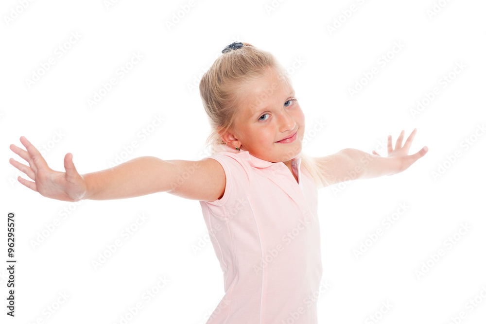 Girl opened her arms to the sides. Girl opened her arms to the sides.