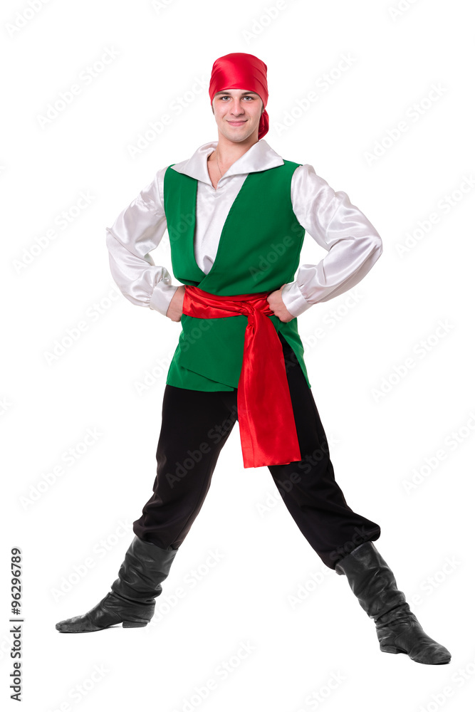 Dancing man wearing a pirate costume. Isolated on white in full length Dancing man wearing a pirate costume. Isolated on white in full length