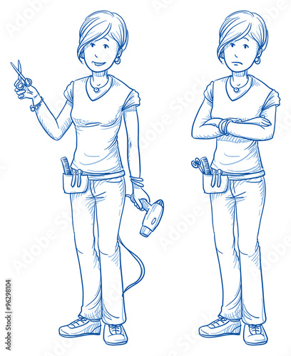 Happy and sad young female hairdresser with a scissors in one hand and a hair dryer in the other, in two emotions. Hand drawn cartoon doodle vector illustration.