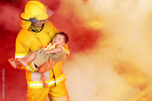 Firefighters helping people and animals from the fire.