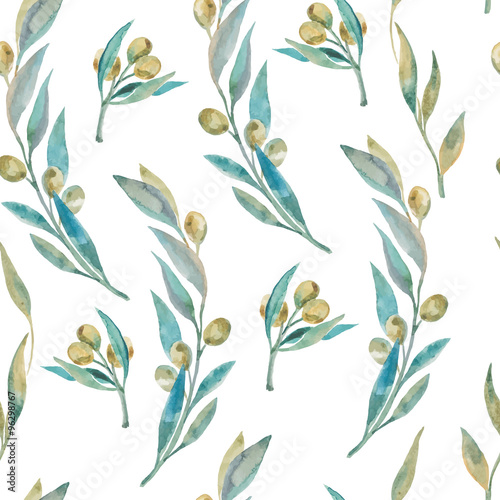 Watercolor olive seamless pattern. 