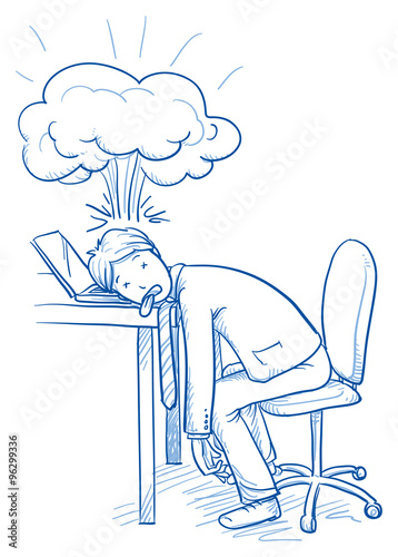 Exhausted business man at his desk with explosion over his head, concept of stress, burnout, headache, depression, hand drawn doodle vector illustration