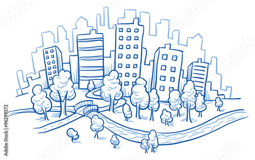 City view with office buildings, river and park, hand drawn doodle vector illustration