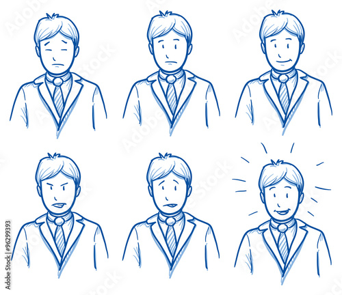 Business man emotions, symbolising happy, sad, angry, depressed, hand drawn doodle vector illustration