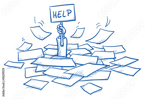Business man buried in a pile of sheets, holding help-sign, concept for stress, burnout, too much work, hand drawn doodle vector illustration