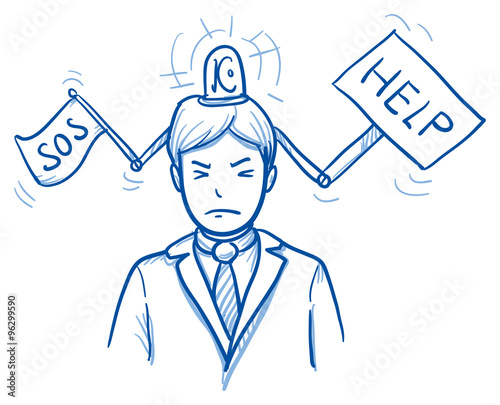 Business man with help-sign and white flag coming out of his head, concept for stress, burnout, headache, hand drawn doodle vector illustration