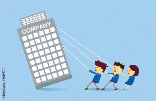 Business team pulling a company up from the floor. Illustration about established a company with teamwork and business partner