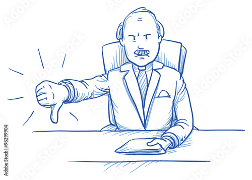 Business man, angry boss, sitting at his desk showing dislike, thumb down, hand drawn doodle vector illustration
