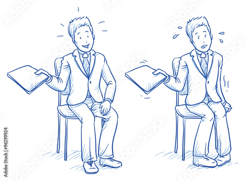 Business man sitting on chair with e.g. application document in his hand in two emotions, confident and nervous, hand drawn doodle vector illustration