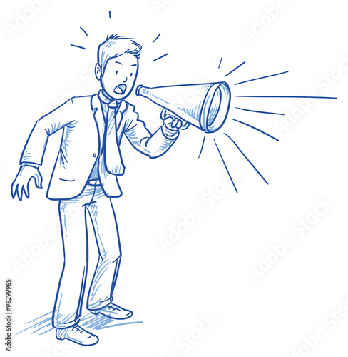 Business man looking angry, stressed while shouting in megaphone, hand drawn doodle vector illustration