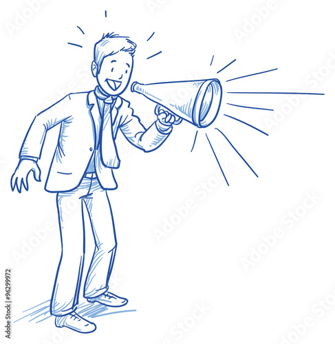 Business man smiling happy while shouting in megaphone, hand drawn doodle vector illustration