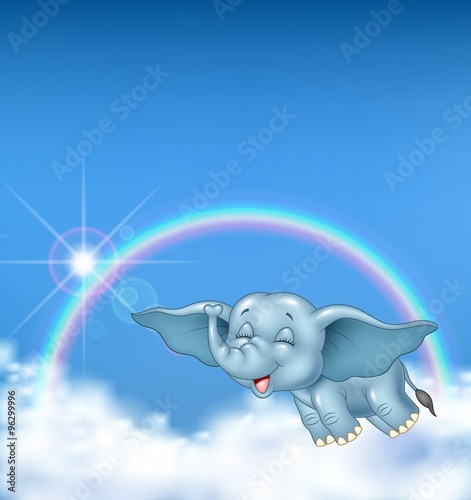 Cute baby elephant flying on rainbow background 